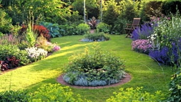 Small country garden with circular island beds and wooden seat