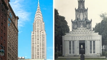 Z lewej: Chrysler Building w Nowym Jorku, z prawej: polski pawilon na wystawę w Paryżu w 1935 rok