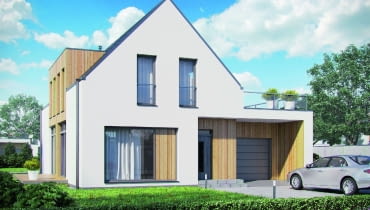 Podoba mi się zestaw materiałów wykończeniowych: jasne tynki, grafitowe dachówki oraz drewniana okładzina. Wybierając szare drzwi i bramę garażową, warto zadbać o dopasowanie do nich reszty stolarki - szare profile najlepiej podkreślą współczesny charakter domu.