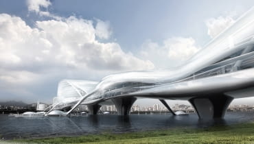 Paik Nam June Media Bridge w Seulu,to nie tylko most, ale również biblioteka, muzeum oraz centrum IT. Rozpoczęcie budowy rzeźbiarskiego mostu na rzece Han rozpocznie się w 2012 roku konstrukcja, ekologia, seul, most, korea południowa