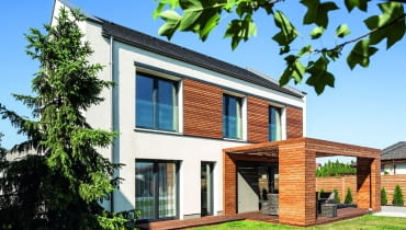 dom nowoczesny, dom pasywny, elewacje, rolety zewnętrzne, okna, dach dwuspadowy