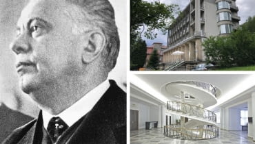 Z lewej: Bohdan Pniewski; Z prawej u góry: Patria w Krynicy-Zdroju; Z prawej na dole: okrągłe schody w budynku Senatu Z lewej: Bohdan Pniewski; Z prawej u góry: Patria w Krynicy-Zdroju; Z prawej na dole: okrągłe schody w budynku Senatu