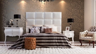 Stylowa sypialnia, łóżko z zagłówkiem