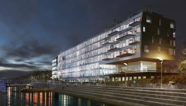 Wizualizacja biurowca The Tides - nowej siedziby Warszawskiego Towarzystwa Wioślarskiego