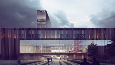 Strefa głównego wejścia z placem publicznym i otwartym dziedzińcem.