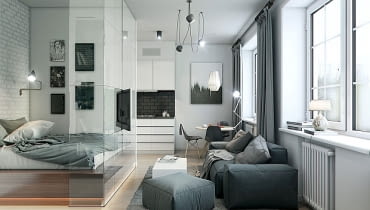 Małe mieszkanie w beżach i szarościach - 32 m kw. Salon z wydzieloną sypialnią. małe mieszkanie, szarości w mieszkaniu, projekt małego mieszkania, jak urządzić małe mieszkanie