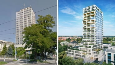 Wieżowiec TVP Szczecin obecnie (po lewej) i projekt budynku Sky Garden w Szczecinie ( z prawej) Wieżowiec TVP Szczecin obecnie (po lewej) i projekt budynku Sky Garden w Szczecinie ( z prawej)