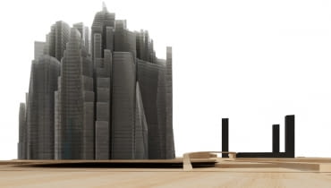 I nagroda: Krakowskie La Defense w zakolu Wisły. Olbrzymie 500 metrowe wieże ustawione są tak gęsto, że z daleka przypominają szkalną górę architektura, koncepcja, kraków, wieżowiec, wieżowce, międzynarodowe triennale architektury