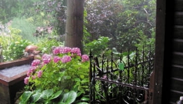 Ogród po deszczu. Stara kuta balustrada i nowy drewniany podest osnute mgiełką z pary wodnej wyglądają bardzo nostalgicznie.