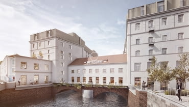 Młyn Maria we Wrocławiu - widok od strony Mostu Młyńskiego. Proj. Maćków Pracownia Projektowa Młyn Maria we Wrocławiu. Proj. Maćków Pracownia Projektowa