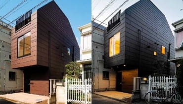 Widok domu od strony ulicy w dzień i o zmierzchu. Elewacja i dach są wykończone arkuszami blachy powlekanej.