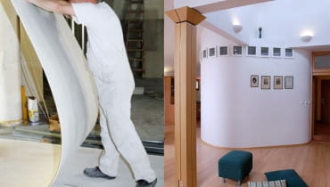 Elastyczne płyty gipsowo-kartonowe Glasroc F Riflex firmy Rigips umożliwiają wbudowywanie wklęsłych i wypukłych powierzchni łukowych. Minimalny promień dla powierzchni łukowych wypukłych wynosi 1000 mm, a dla powierzchni łukowych wklęsłych - 600 mm. W celu uzyskania mniejszych promieni gięcia możliwe jest zastosowanie dodatkowych zabiegów takich jak gięcie wstępne lub namaczanie. zabudowa z płyt g-k