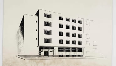 Andrzej Nitsch, projekt małego hotelu, widok perspektywiczny, praca studencka, ok. 1930, tusz na kartonie, zbiory Muzeum Architektury we Wrocławiu