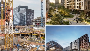 Flow w Nowym Centrum Łodzi. Z lewej: budowa; Z prawej: wizualizacje