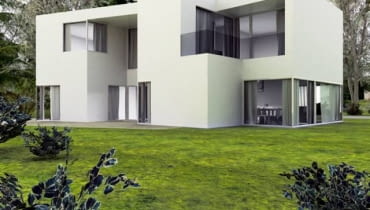 Projekt nowoczesnego domu na dużą działkę. Widok od ogrodu Projekt nowoczesnego domu na dużą działkę. Widok od ogrodu