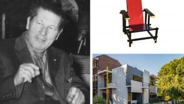 Z lewej: Gerrit Rietveld; Z prawej na górze: Czerwono-niebieskie krzesło ; Z prawej na dole: Dom Rietvelda w Utrechcie Z lewej: Gerrit Rietveld; Z prawej na górze: Czerwono-niebieskie krzesło ; Z prawej na dole: Dom Rietvelda w Utrechcie