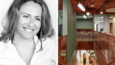 Z lewej: Anna Branicka; Z prawej: biuro firmy Bayer w Olivia Centre