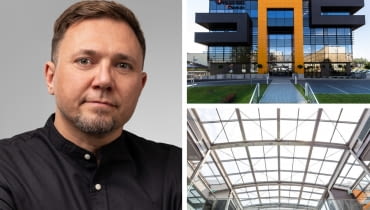 Z lewej: Maciej Zuber; Z prawej: biurowiec JSW w Katowicach