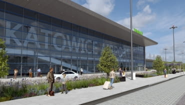 Wizualizacja zielonych rozwiązań demonstracyjnych Archiclima przed terminalem Katowice Airport Zielone rozwiązania demonstracyje Archiclima przed terminalami i na parkingu Katowice Airport