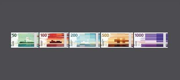 Nowe banknoty Norwegii. Przednia strona z morskimi motywami to projekt The Metric System. Kolorowy rewers to dzieło studia Snohetta. banknoty, nowe bankoty Norwegii, najnowsze banktoty, nowoczesne banknoty