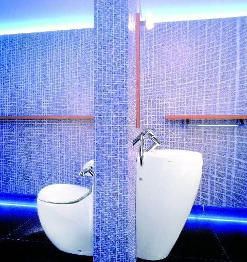 Wysoka sięgająca sufitu ścianka półwyspu, wydziela strefę sanitarną z miską ustępową od reszty łazienki