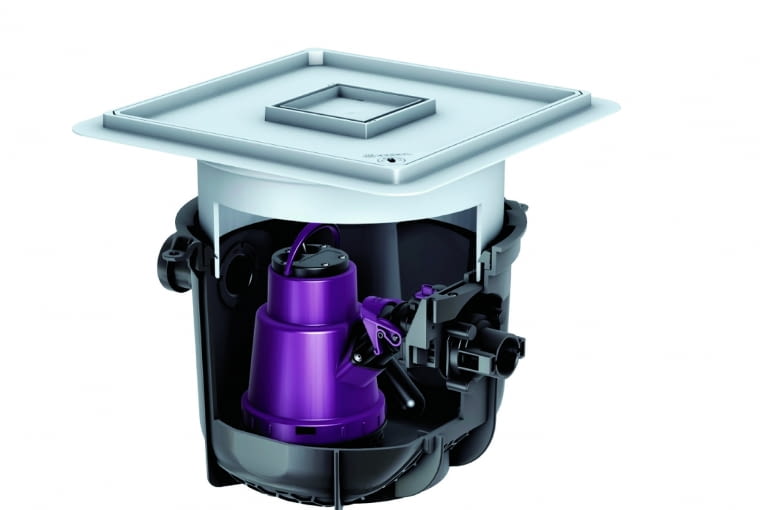 Mała przepompownia ścieków – w wersji z pokrywą do wypełnienia płytkami ceramicznymi i ze zintegrowaną funkcją wpustu – zajmuje niewiele miejsca w płycie podłogowej Mała przepompownia ścieków – w wersji z pokrywą do wypełnienia płytkami ceramicznymi i ze zintegrowaną funkcją wpustu – zajmuje niewiele miejsca w płycie podłogowej