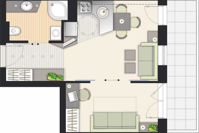 Rozwiązanie 1 <BR />Otworzyłam zamkniętą dotąd kuchnię. Z części pokoju wydzieliłam wygodną, widną sypialnię zamykaną przesuwanymi drzwiami. Rozwiązanie 1 <BR />Otworzyłam zamkniętą dotąd kuchnię. Z części pokoju wydzieliłam wygodną, widną sypialnię zamykaną przesuwanymi drzwiami.