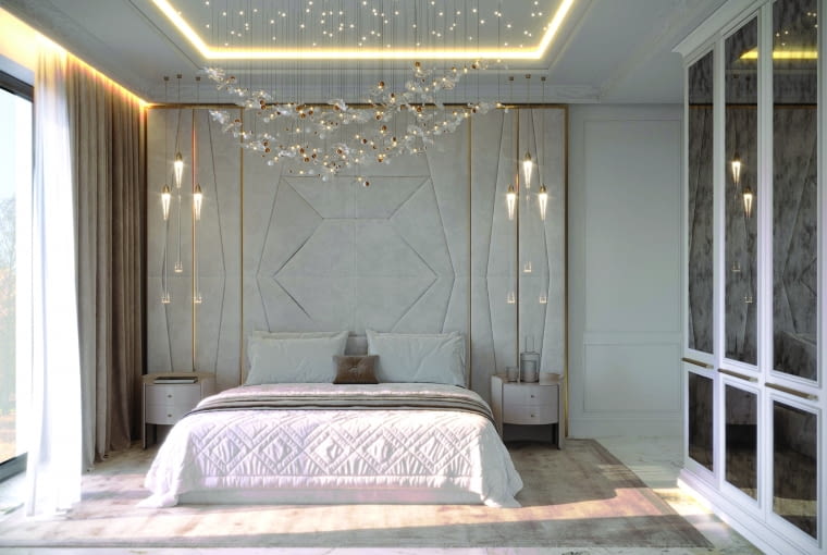 Sufit napinany zapewnia wiele możliwości aranżacji. Dostępne są różne wzory, kolory. Rozwiązania matowe, satynowe czy połyskujące. Tu – piękne, gwiaździste niebo