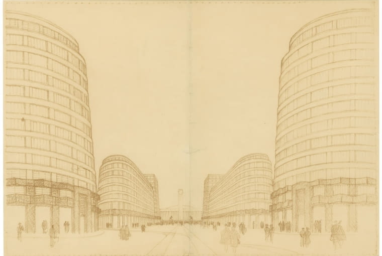 Max Berg, projekt zabudowy przy dworcu Świebodzkim, 1919-1920 Max Berg, projekt zabudowy przy dworcu Świebodzkim, 1919-1920