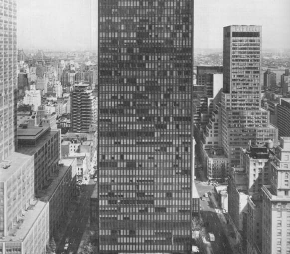 Najsłynniejszy wieżowiec Mies van der Rohe - Seagram Building na Manhattanie przy 375 Park Avenue. Perfekcyjna czysta forma, która przypieczętowała nastanie nowej ery drapaczy chmur modernizm, mies van der rohe, wieżowiec, usa, architekt