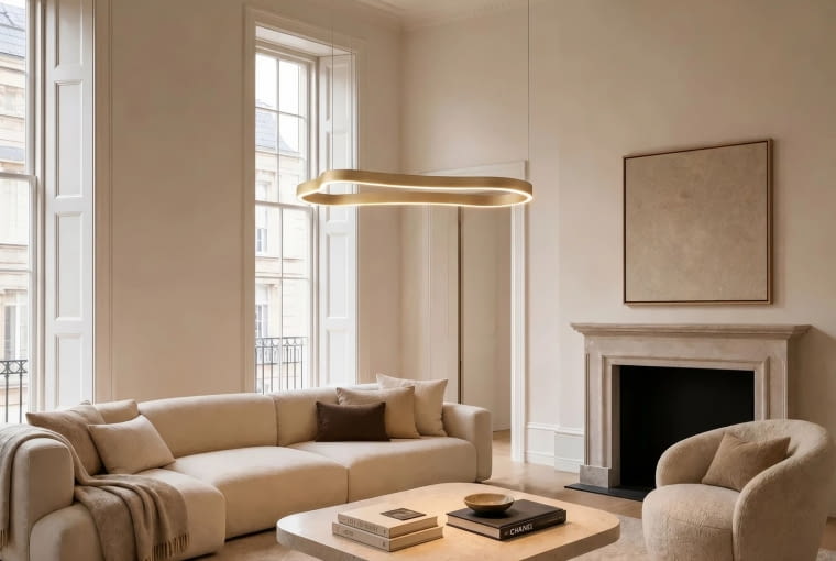Dynamiczny, falisty kształt lampy Vikali, przypominający wstęgę, harmonizuje z obłymi meblami w pokoju. Mimo dużych wymiarów – 90 x 45 cm – dzięki zawieszeniu na cienkich linkach lampa wygląda lekko i niemal unosi się w przestrzeni. Do kupienia w lampy.pl; marka LUCANDE.