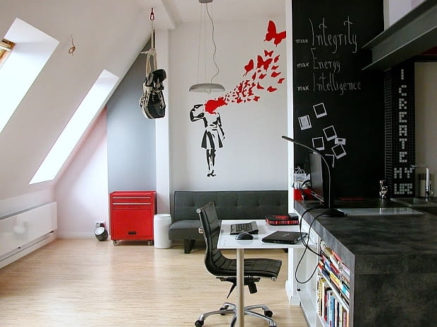 Kawalerka na poddaszu - 45 m2; proj. Studio Projektowe Atoato kawalerka, małe mieszkanie, kawalerka na poddaszu, małe mieszkanie na poddaszu