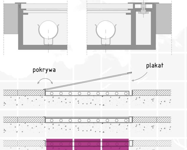 "Nośnik reklamy citylight w posadzce" autorstwa Przemysława Woś i Anny Pawłowskiej zdobył pierwszą nagrodę Prace finałowe w konkursie na nośnik reklamy zewnętrznej na Alei Marszałkowskiej