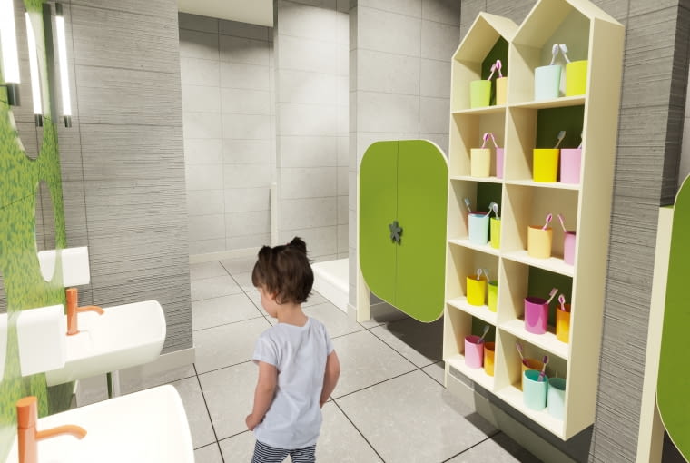 Żłobek w Czernikowie - łazienka obok sypialni. Proj. M&R Biuro Projektów