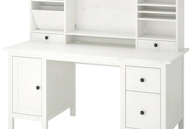 HEMNES Biurko z nadstawką, biała bejca155x137 cm, 1299 zł białe biurko Ikea