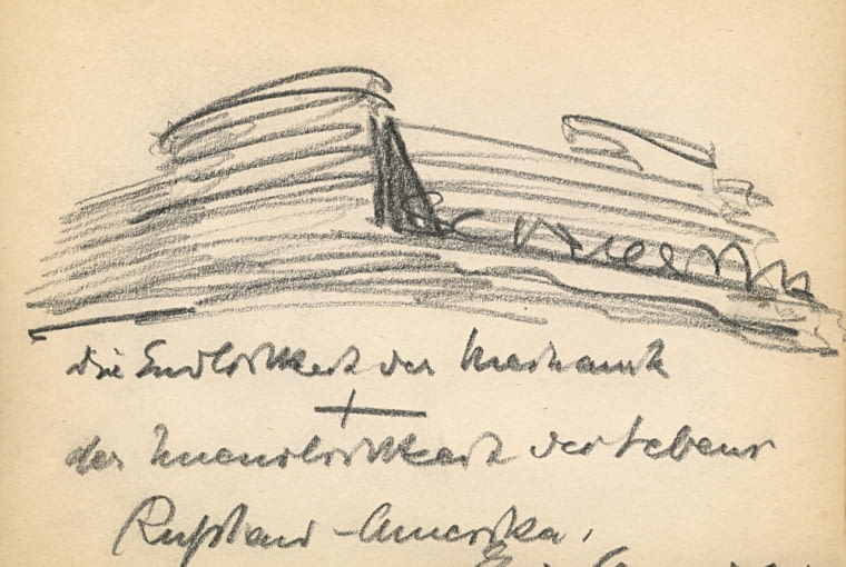 Erich Mendelsohn, Kaufhaus Schocken, Skizze aus dem Gästebuch Ernst Beyersdorff, 1928, Landesmuseum Oldenburg Nowa sztuka budowania! Architektura modernizmu w fotografii i książce - nowa wystawa w Muzeum Architektury we Wrocławiu
