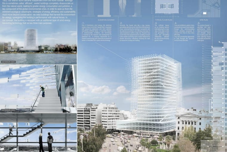 W zwycięskiej koncepcji przebudowy Pireus Tower Matthiasa Hollwich'a i Marc'a Kushner'a specjalna fasada miała wykorzystywać naturalną siłę wiatru do obniżania temperatury we wnętrzach budynku W zwycięskiej koncepcji przebudowy Pireus Tower Matthiasa Hollwich'a i Marc'a Kushner'a specjalna fasada miała wykorzystywać naturalną siłę wiatru do obniżania temperatury we wnętrzach budynku