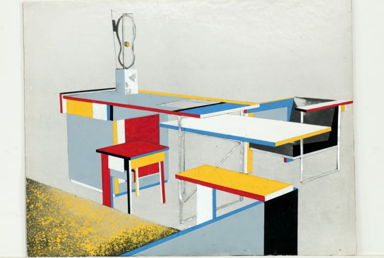 Bohdan Lachert, projekt kompletu mebli z wyeksponowaną 'Rzeźbą abstrakcyjną (1)' Katarzyny Kobro [1924] na biurku, 1926