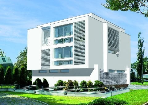 Elewacja ogrodowa, dom z dwupiętrową częścią dzienną