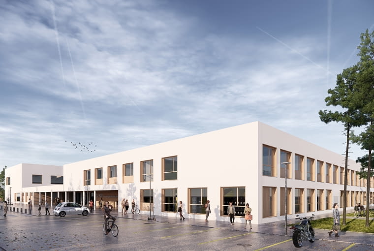 Liceum ogólnokształcącego nr CLXIII w Wesołej - widok od południowego-wschodu. Proj. plus3-architekci