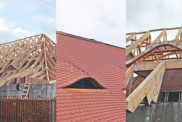 Z prefabrykowanych wiązarów wykonuje się konstrukcję nie tylko prostych dachów dwu- i czterospadowych, ale także pofalowanych z lukarną typu wole oko Więźba dachowa