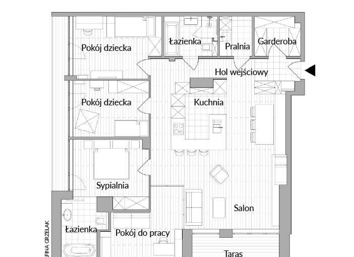 Wnętrza apartamentu 120 m2 zaprojektowali architekci Marta Komorowska i Bartosz Koszałka z biura projektowego bkm group. architektura i wnętrza; www.bkmgroup.pl, tel. 509 871 274. Plan mieszkania 120 m2