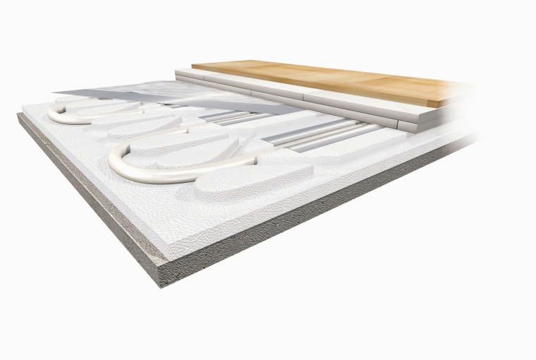 Przykład montażu na piętrze domu  systemu suchego o nieco większej  grubości. Zwykle w tej opcji grubość  zabudowy nie przekracza 50 mm