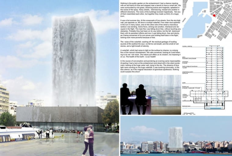 Duet Danira Safiullina i Iriny Prytkovej proponował ukryć fasadę Pireus Tower za ścianami z wodospadu Duet Danira Safiullina i Iriny Prytkovej proponował ukryć fasadę Pireus Tower za ścianami z wodospadu