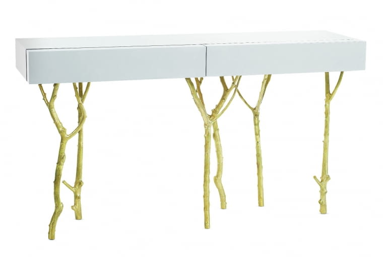 Fig tree Oryginalne nogi to odlane w mosiądzu gałązki drzewa figowego. Blat z dwiema szufladami z lakierowanego drewna. Wzór, Ginger & Jagger