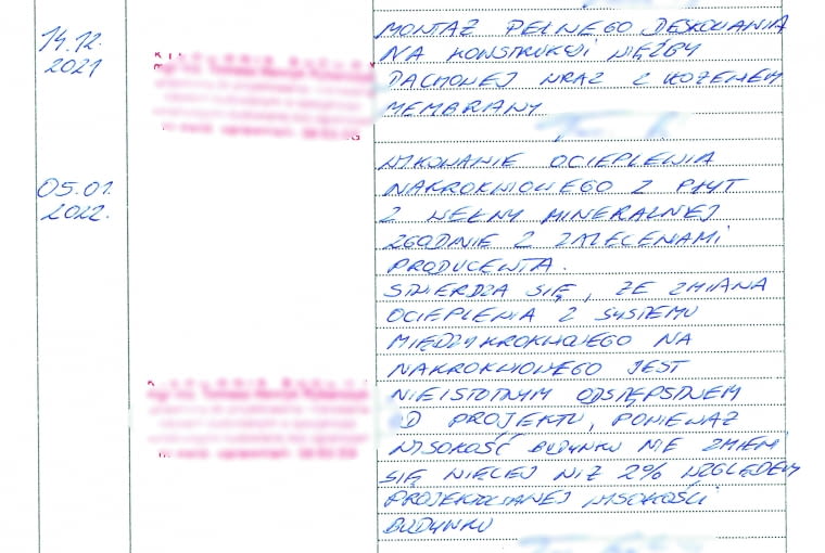 Skan z dziennika budowy Zmiana pokrycia dachowego