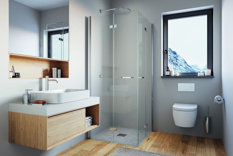 Estetyczny model kabiny pasujący do każdego stylu wnętrza. Wejście narożne z drzwiami dwuczęściowymi składanymi zapewnia  wygodę użytkowania