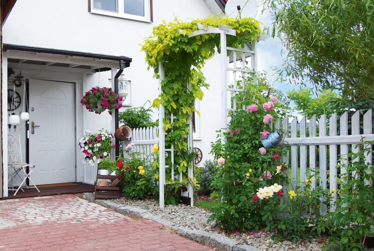 Przy domu w sezonie bujnie rosną kwiaty. Obrośnięta pnączami pergola to wejście do przydomowego ogródka.