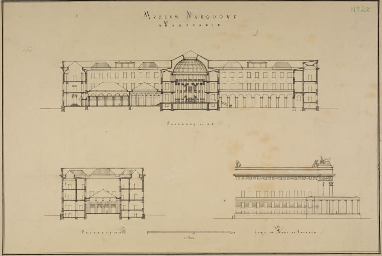 18. LXXXIV Konkurs ogłoszony przez Koło Architektów na budowę gmachu dla Muzeum Narodowego w Warszawie. Praca nr 28. Przekrój po a-b [podłużny], przekrój po c-d [poprzeczny], lice od Alei na Skarpie. Skala 1:400, 1924 - proj. Jerzy Müller (1889-1963), Marcin Weinfeld (1884-1965)