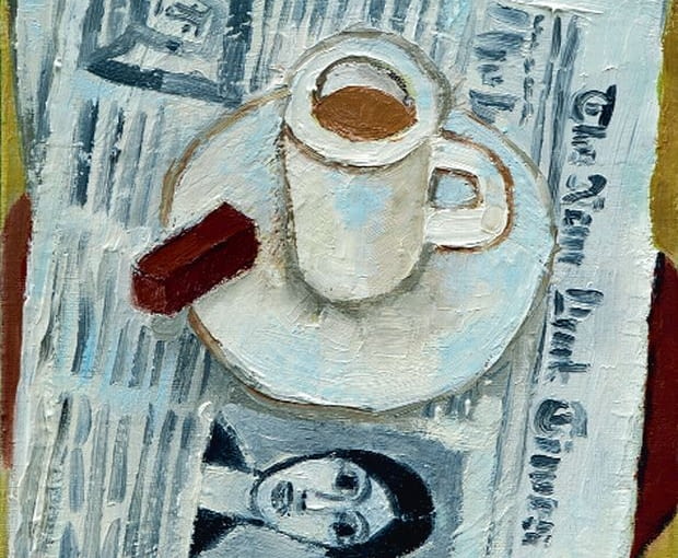 Kawa na gazecie, 2011 r., 27 x 41 cm, olej na płótnie. obrazy, krzysztof kokoryn